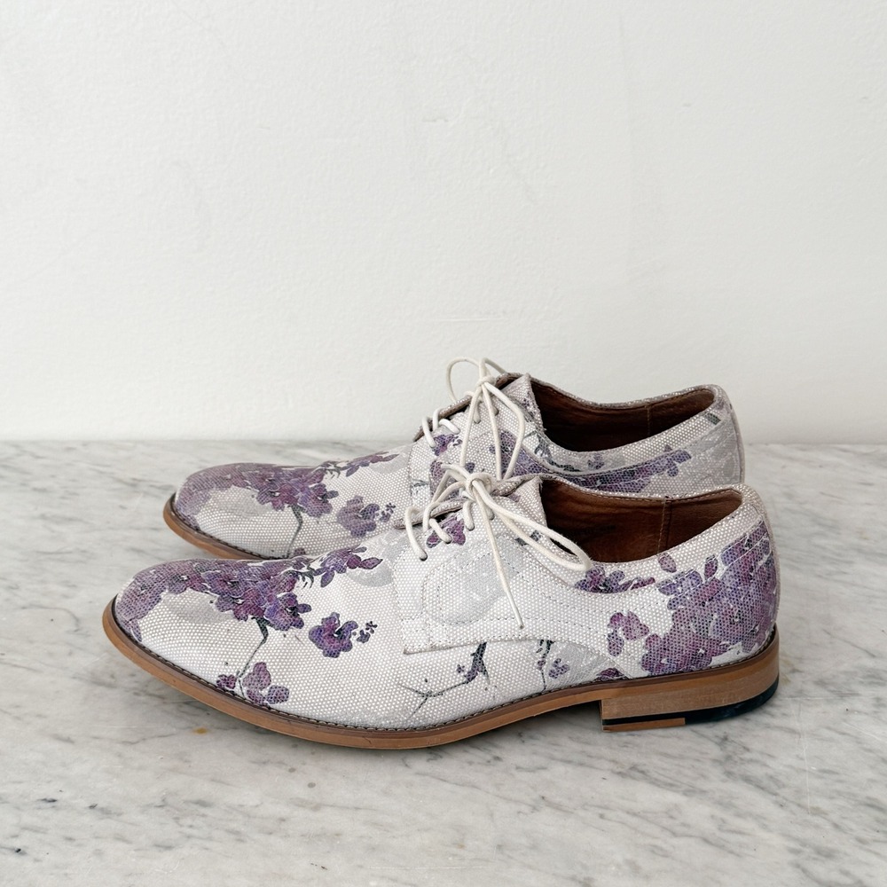 Floral Stacy Adams Dandy Oxford Shoes White Purple Canvas Mens Dress 8.5 - Picture 2 of 7